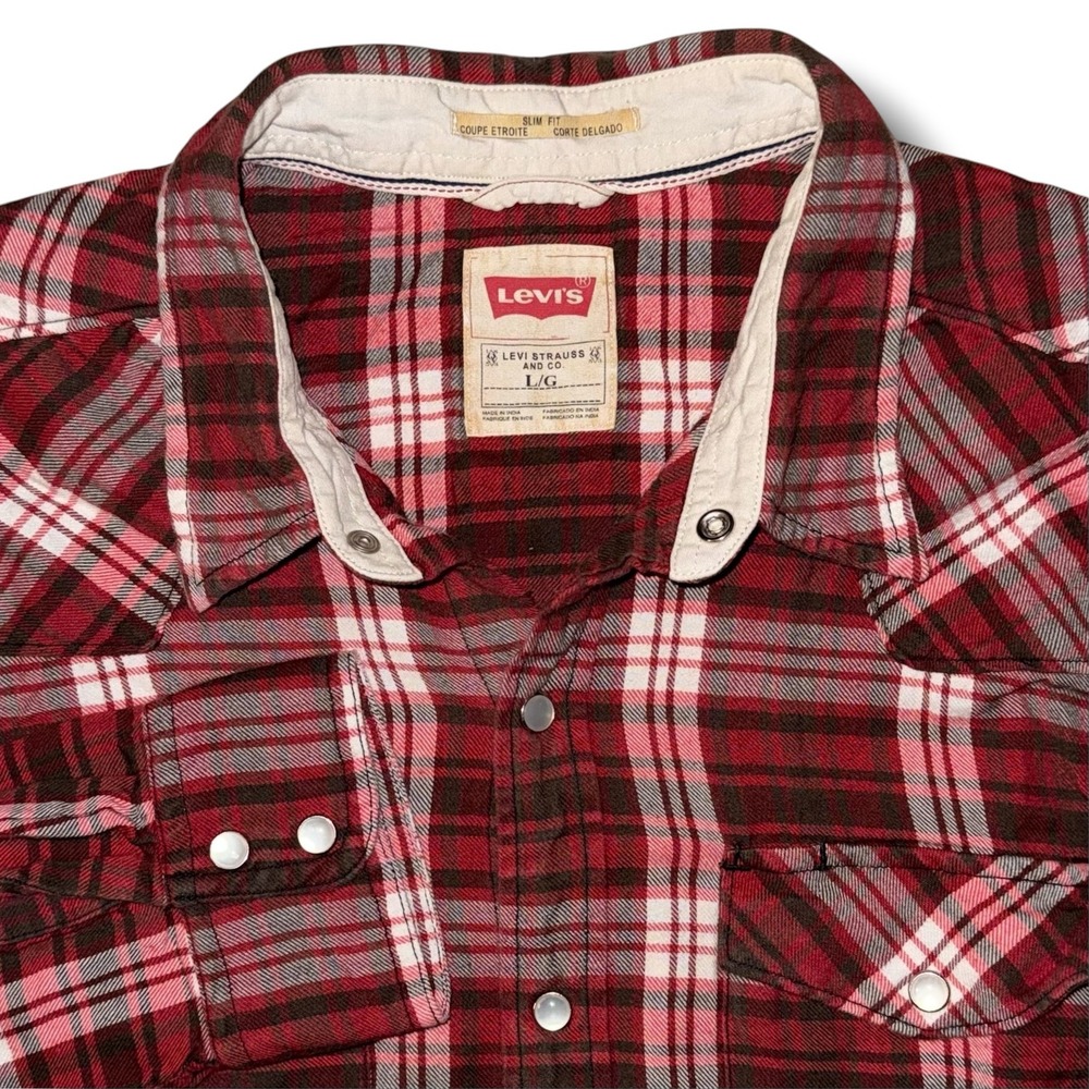 Levis Mens Slim Fit Western Pearl Snap Plaid Long Sleeve Shirt Red Black Large